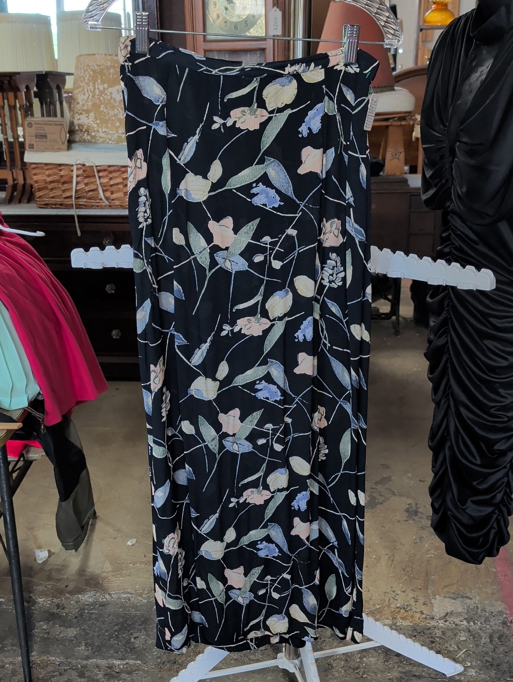 Vintage Paul Harris Design Black Floral Maxi Skirt with Back Slit
